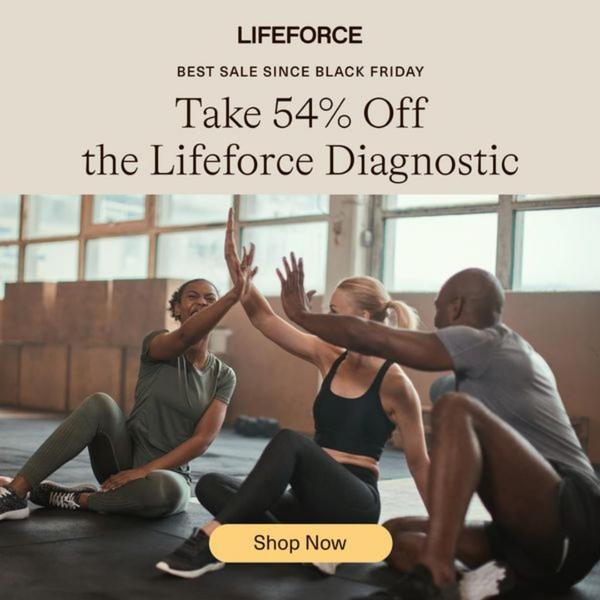 A 1:1 square static creative featuring a high-five between diverse individuals in a gym setting to promote a diagnostic service sale.
